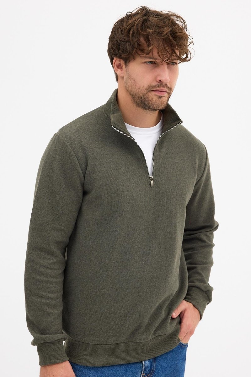 Erkek Haki Standart Fit Normal Kesim Pamuklu Yarım Fermuarlı Dik Yaka Pamuklu Sweatshirt - MMETALIC