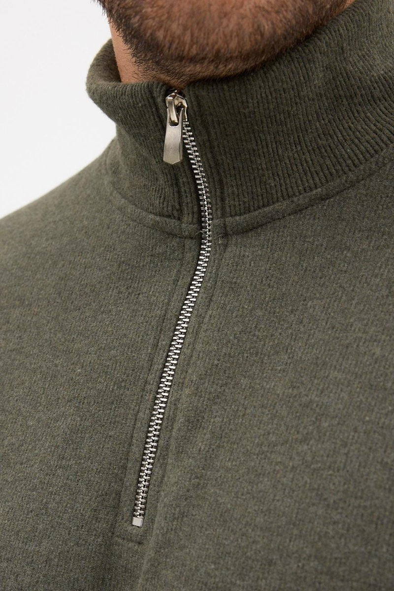 Erkek Haki Standart Fit Normal Kesim Pamuklu Yarım Fermuarlı Dik Yaka Pamuklu Sweatshirt - MMETALIC