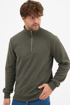 Erkek Haki Standart Fit Normal Kesim Pamuklu Yarım Fermuarlı Dik Yaka Pamuklu Sweatshirt - MMETALIC