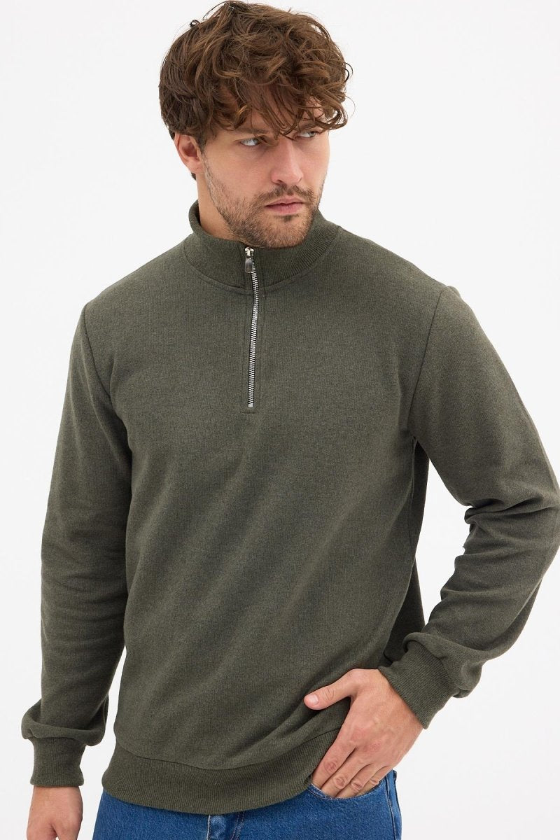 Erkek Haki Standart Fit Normal Kesim Pamuklu Yarım Fermuarlı Dik Yaka Pamuklu Sweatshirt - MMETALIC
