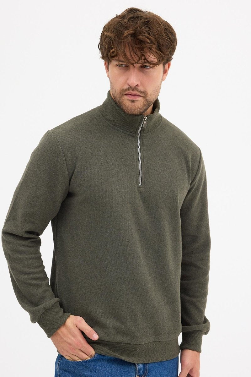 Erkek Haki Standart Fit Normal Kesim Pamuklu Yarım Fermuarlı Dik Yaka Pamuklu Sweatshirt - MMETALIC