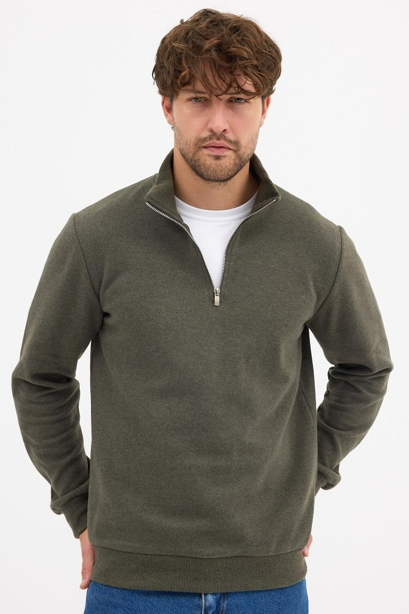 Erkek Haki Standart Fit Normal Kesim Pamuklu Yarım Fermuarlı Dik Yaka Pamuklu Sweatshirt - MMETALIC