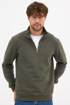 Erkek Haki Standart Fit Normal Kesim Pamuklu Yarım Fermuarlı Dik Yaka Pamuklu Sweatshirt - MMETALIC
