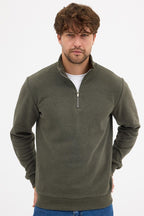 Erkek Haki Standart Fit Normal Kesim Pamuklu Yarım Fermuarlı Dik Yaka Pamuklu Sweatshirt - MMETALIC