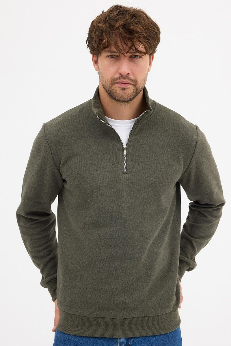 Erkek Haki Standart Fit Normal Kesim Pamuklu Yarım Fermuarlı Dik Yaka Pamuklu Sweatshirt - MMETALIC