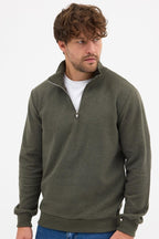 Erkek Haki Standart Fit Normal Kesim Pamuklu Yarım Fermuarlı Dik Yaka Pamuklu Sweatshirt - MMETALIC