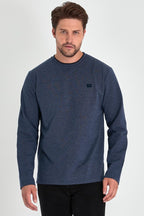 Erkek İndigo Çift Bisiklet Yaka Baskı Detaylı Standart Rahat Kesim Sweatshirt - MMETALIC