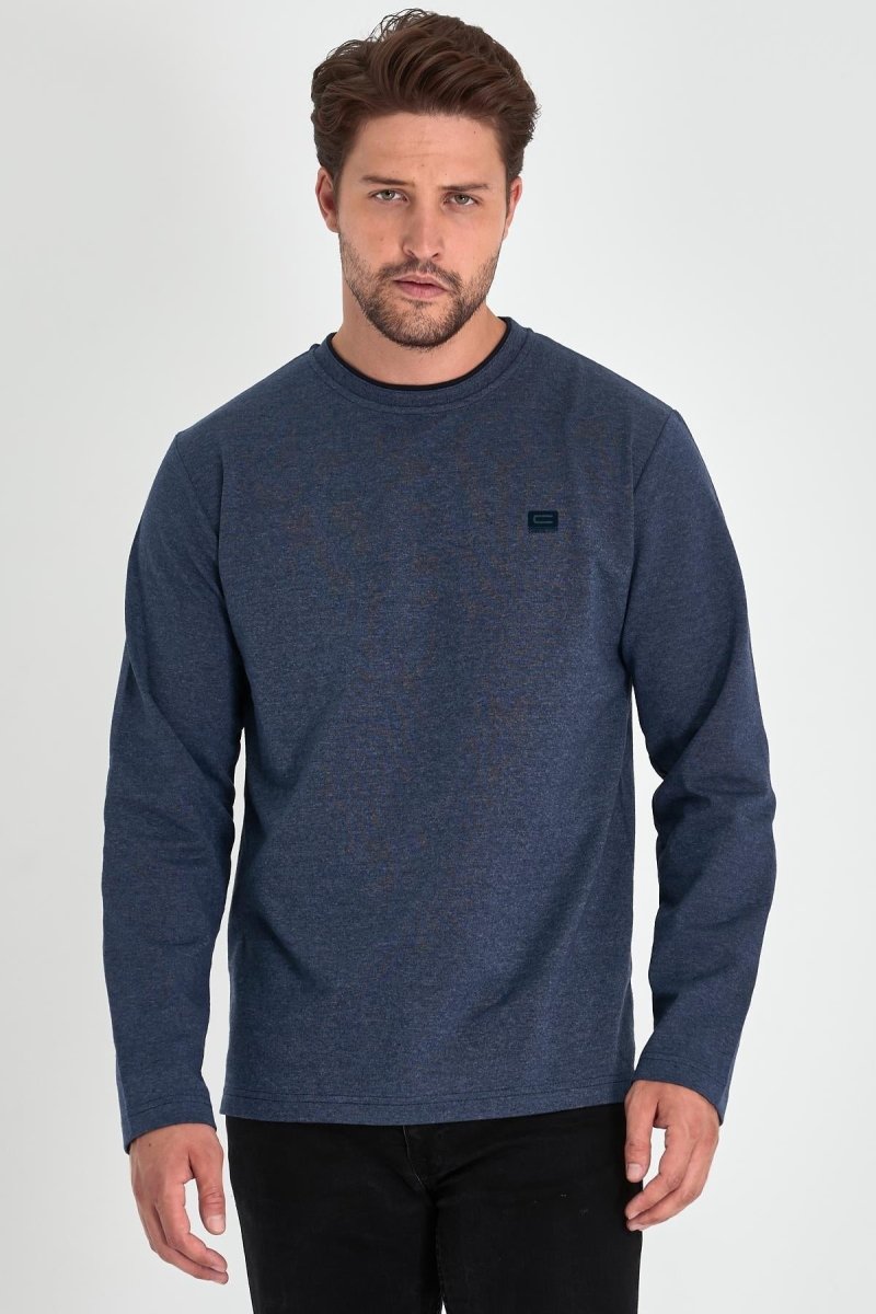 Erkek İndigo Çift Bisiklet Yaka Baskı Detaylı Standart Rahat Kesim Sweatshirt - MMETALIC