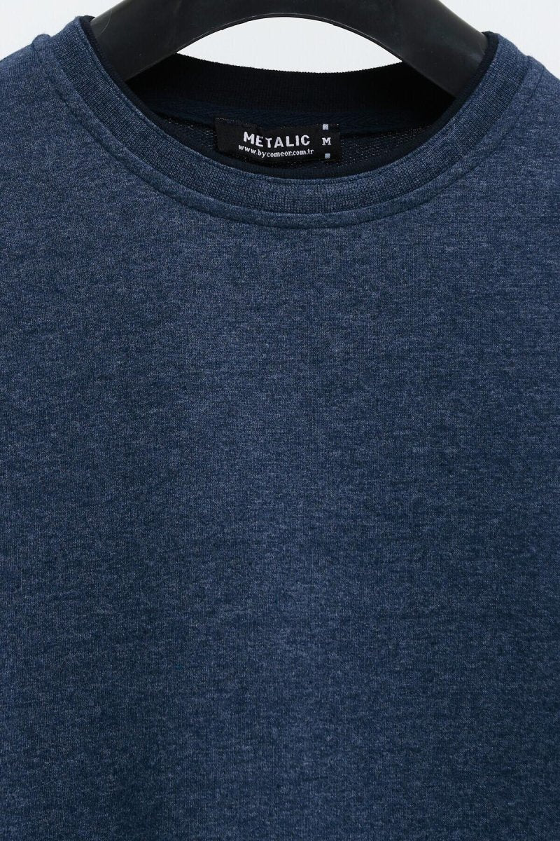 Erkek İndigo Çift Bisiklet Yaka Baskı Detaylı Standart Rahat Kesim Sweatshirt - MMETALIC