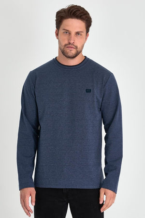 Erkek İndigo Çift Bisiklet Yaka Baskı Detaylı Standart Rahat Kesim Sweatshirt - MMETALIC