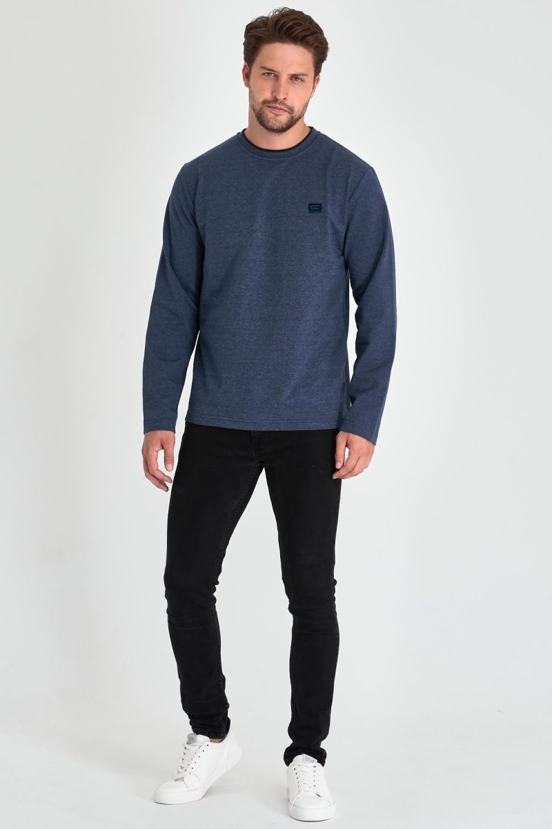 Erkek İndigo Çift Bisiklet Yaka Baskı Detaylı Standart Rahat Kesim Sweatshirt - MMETALIC