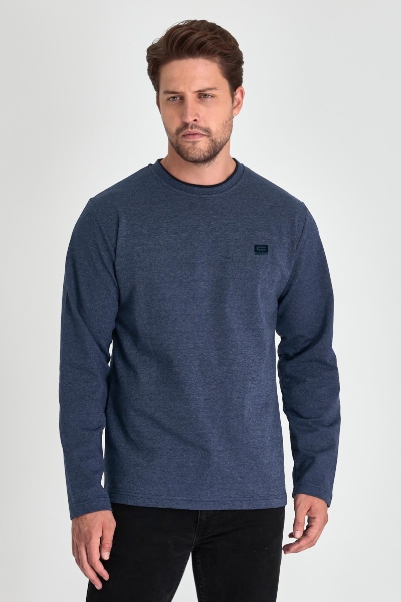 Erkek İndigo Çift Bisiklet Yaka Baskı Detaylı Standart Rahat Kesim Sweatshirt - MMETALIC