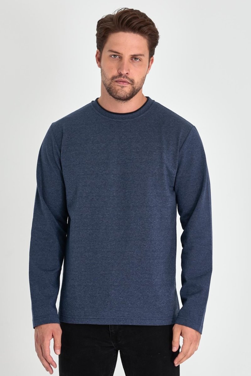Erkek İndigo Çift Bisiklet Yaka Standart Rahat Kesim Sweatshirt - MMETALIC