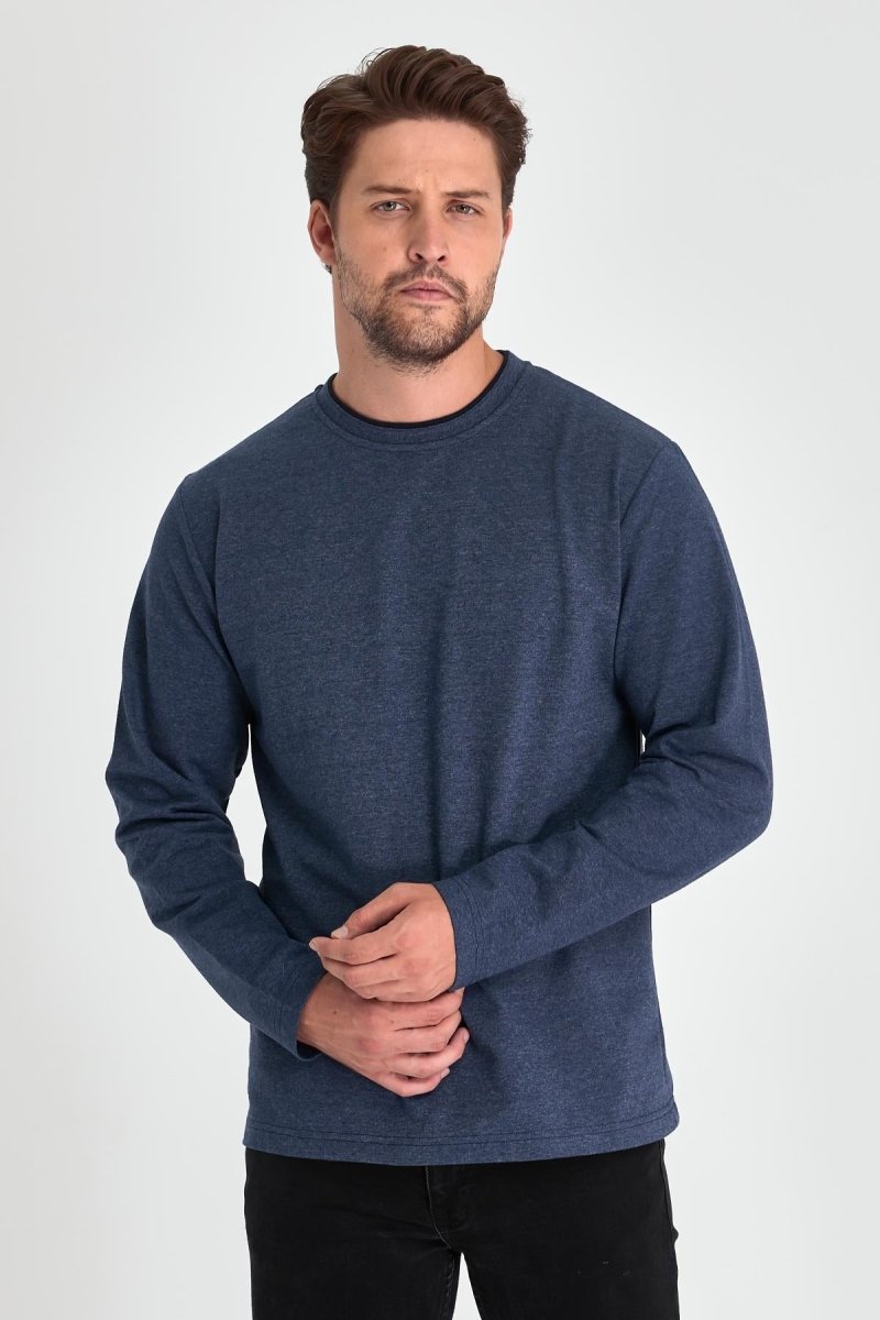 Erkek İndigo Çift Bisiklet Yaka Standart Rahat Kesim Sweatshirt - MMETALIC