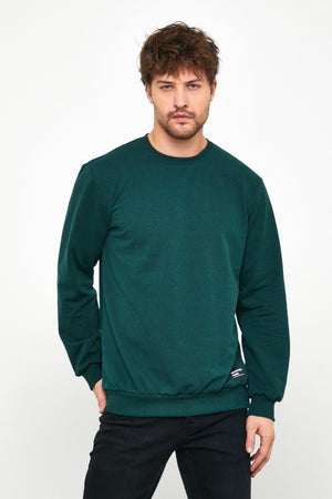 Erkek Koyu Yeşil Basic Bisiklet Yaka Sweatshirt - MMETALIC