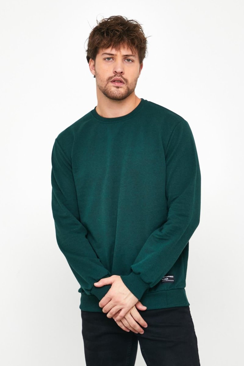 Erkek Koyu Yeşil Basic Bisiklet Yaka Sweatshirt - MMETALIC