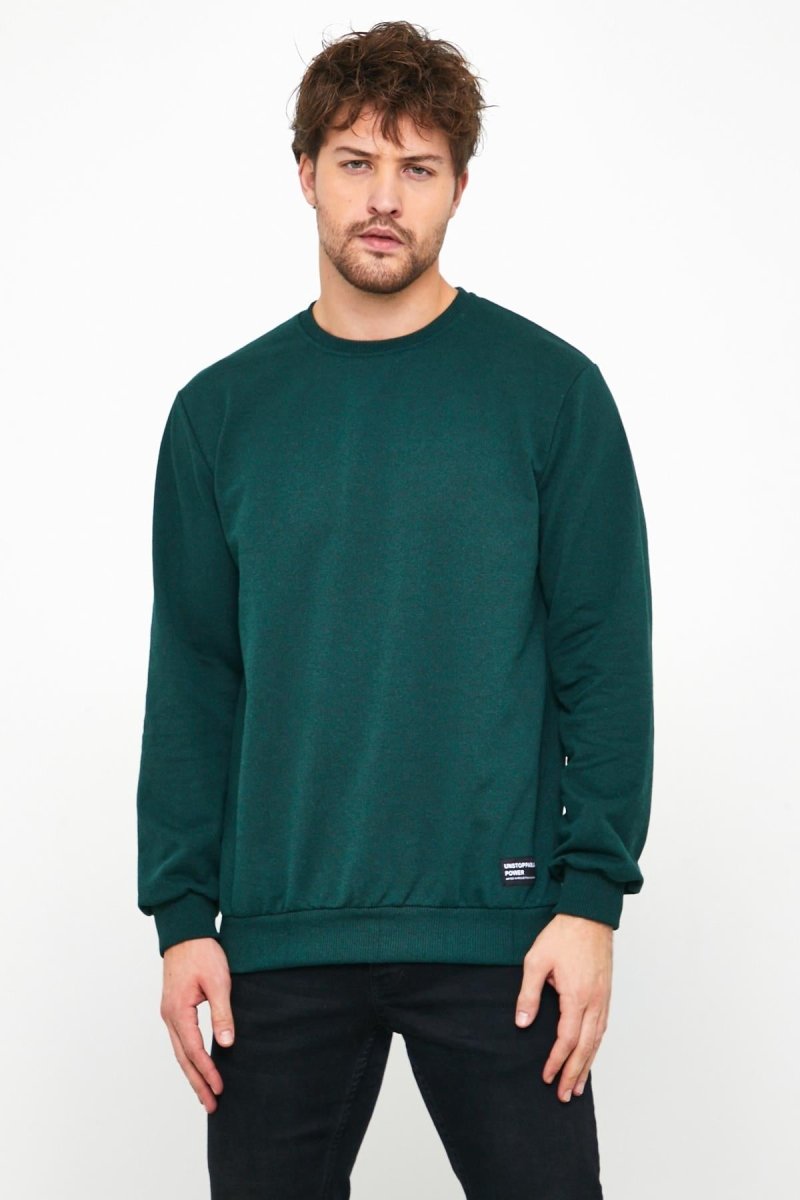 Erkek Koyu Yeşil Basic Bisiklet Yaka Sweatshirt - MMETALIC