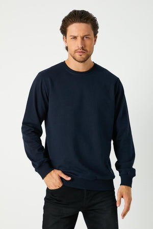 Erkek Lacivert Basic Bisiklet Yaka Sweatshirt - MMETALIC