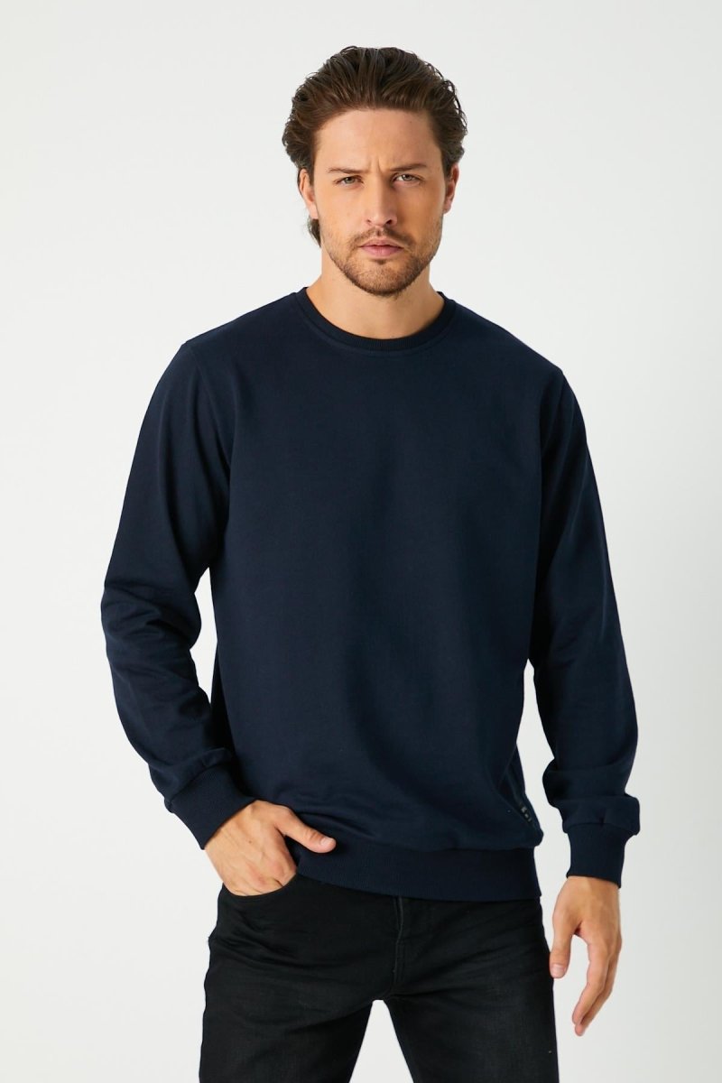 Erkek Lacivert Basic Bisiklet Yaka Sweatshirt - MMETALIC