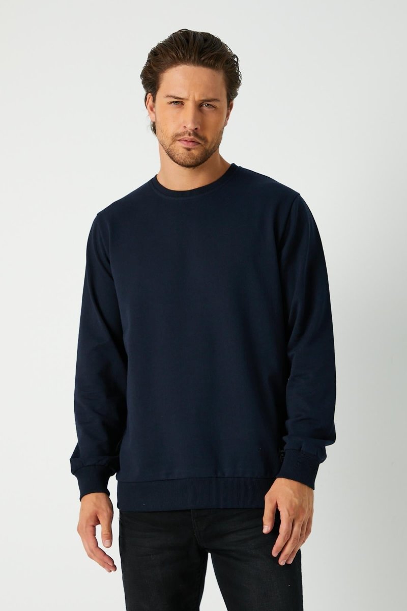 Erkek Lacivert Basic Bisiklet Yaka Sweatshirt - MMETALIC