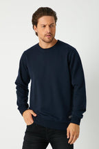Erkek Lacivert Basic Bisiklet Yaka Sweatshirt - MMETALIC