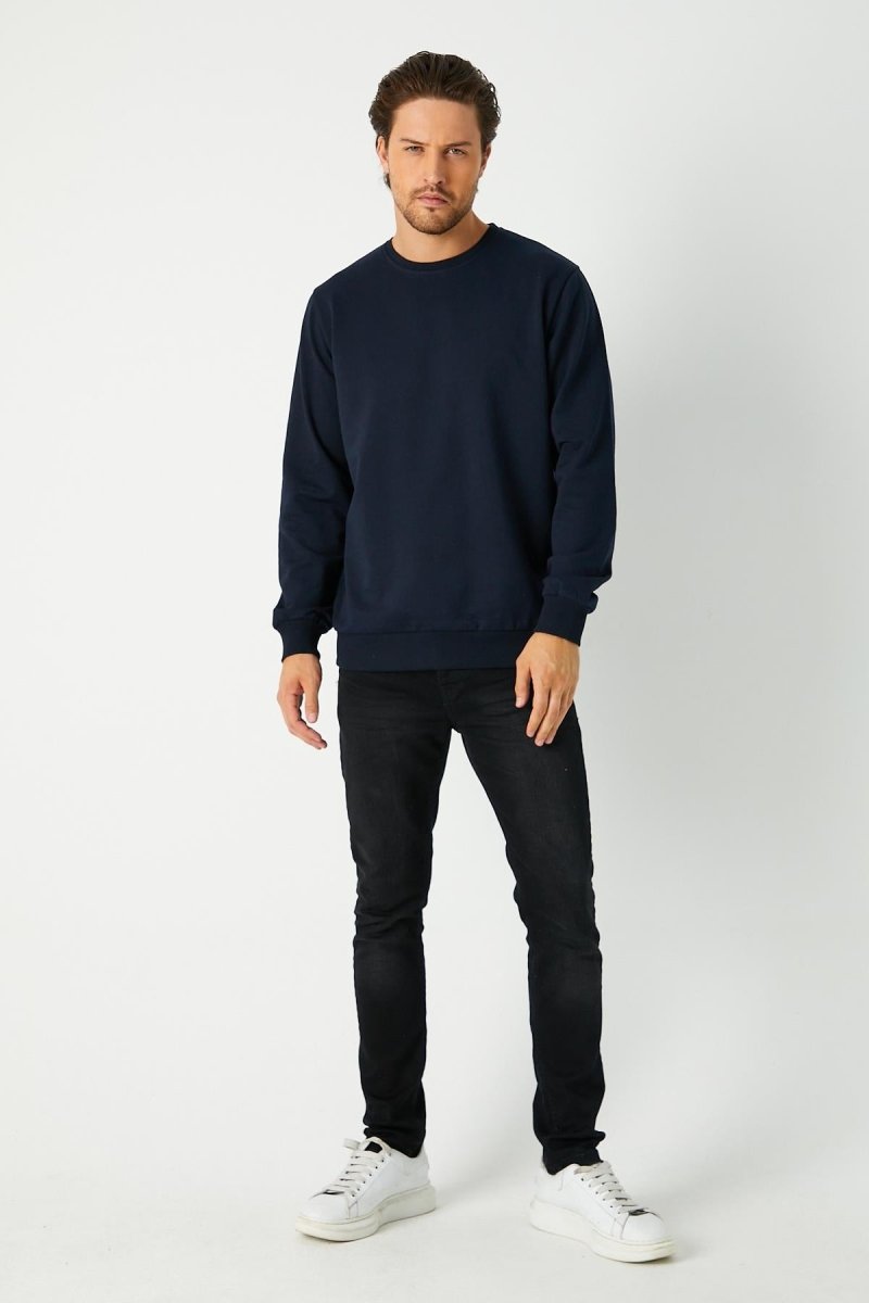 Erkek Lacivert Basic Bisiklet Yaka Sweatshirt - MMETALIC
