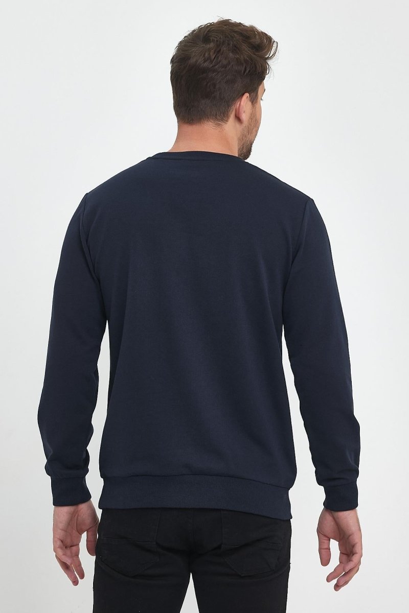 Erkek Lacivert Bisiklet Yaka Nakış Detaylı Regular Fit Sweatshirt - MMETALIC