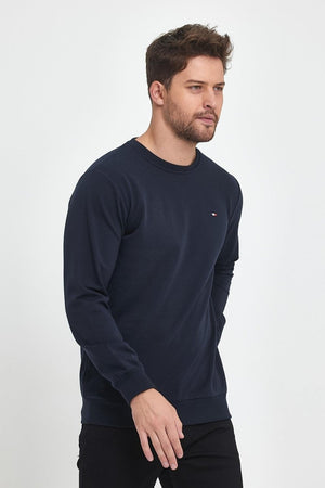 Erkek Lacivert Bisiklet Yaka Nakış Detaylı Regular Fit Sweatshirt - MMETALIC