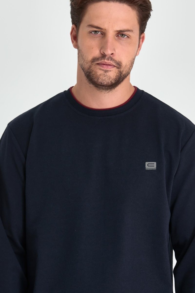 Erkek Lacivert Çift Bisiklet Yaka Baskı Detaylı Standart Rahat Kesim Sweatshirt - MMETALIC