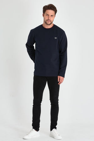Erkek Lacivert Çift Bisiklet Yaka Baskı Detaylı Standart Rahat Kesim Sweatshirt - MMETALIC