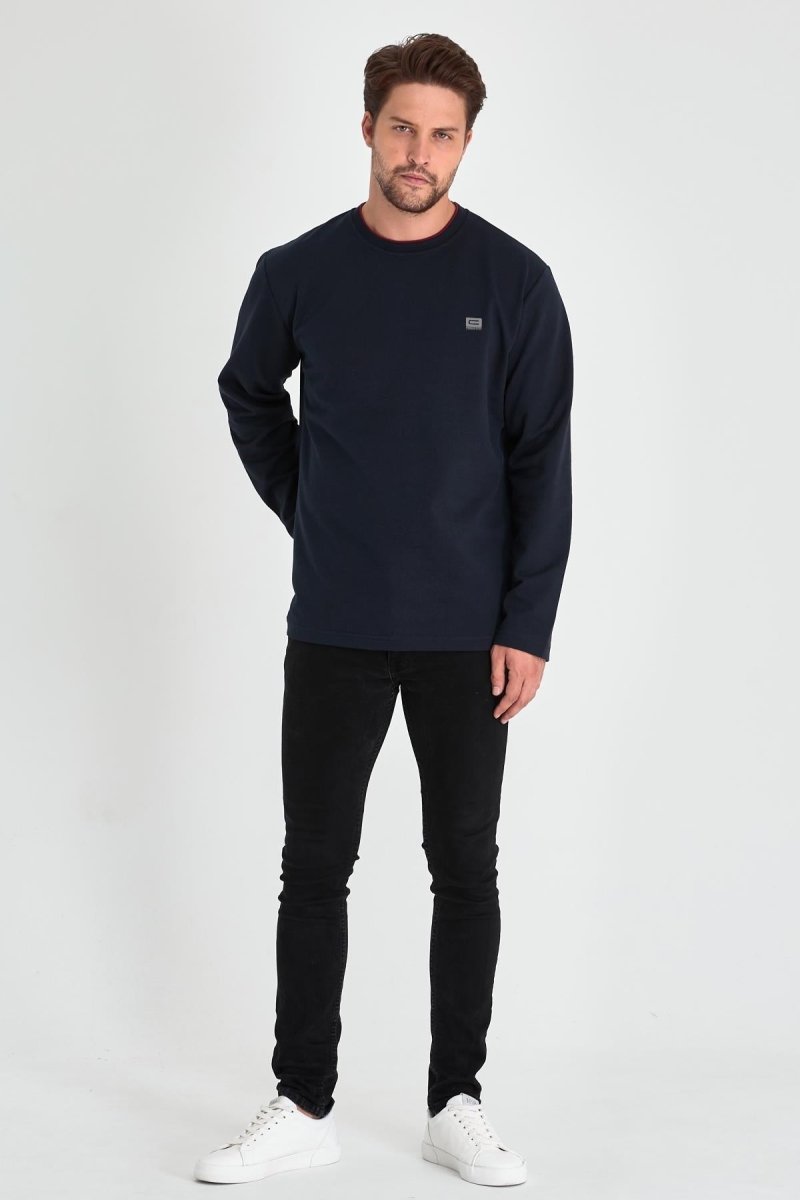 Erkek Lacivert Çift Bisiklet Yaka Baskı Detaylı Standart Rahat Kesim Sweatshirt - MMETALIC
