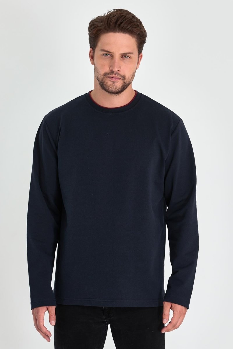 Erkek Lacivert Çift Bisiklet Yaka Standart Rahat Kesim Sweatshirt MTLCE68 - LACİVERT - MMETALIC