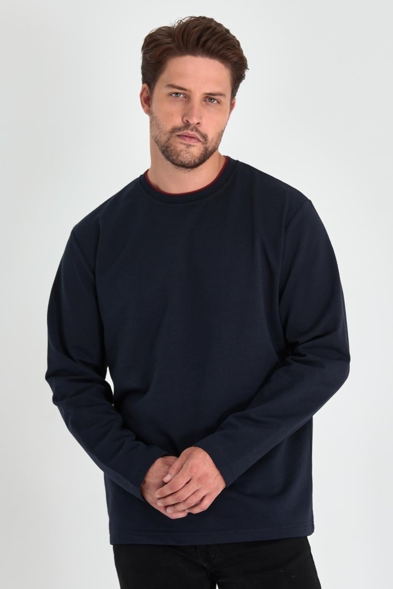 Erkek Lacivert Çift Bisiklet Yaka Standart Rahat Kesim Sweatshirt MTLCE68 - LACİVERT - MMETALIC
