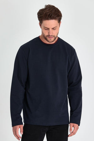 Erkek Lacivert Çift Bisiklet Yaka Standart Rahat Kesim Sweatshirt MTLCE68 - LACİVERT - MMETALIC