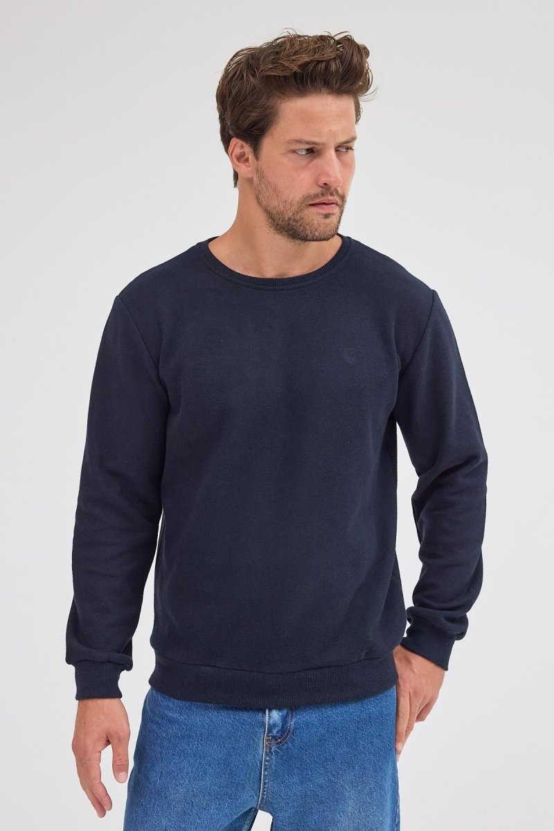 Erkek Lacivert Standart Fit Normal Kesim Pamuklu Basic Bisiklet Yaka Sweatshirt MTLCE113 - Lacivert - MMETALIC