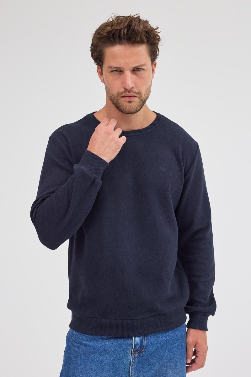 Erkek Lacivert Standart Fit Normal Kesim Pamuklu Basic Bisiklet Yaka Sweatshirt MTLCE113 - Lacivert - MMETALIC