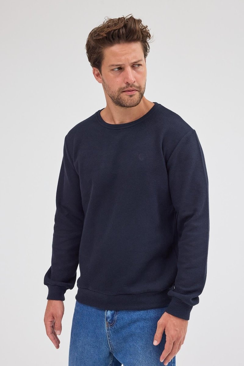 Erkek Lacivert Standart Fit Normal Kesim Pamuklu Basic Bisiklet Yaka Sweatshirt MTLCE113 - Lacivert - MMETALIC