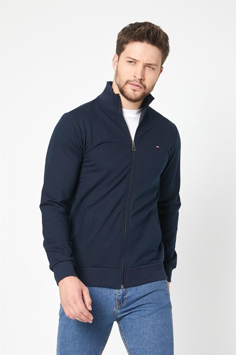 Erkek Lacivert Uzun Kollu Önü Fermuarlı Hırka - MMETALIC