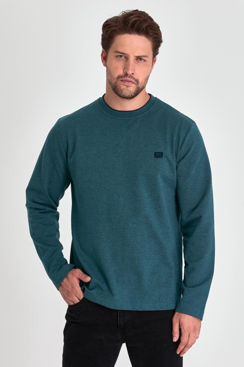 Erkek Petrol Çift Bisiklet Yaka Baskı Detaylı Standart Rahat Kesim Sweatshirt - MMETALIC