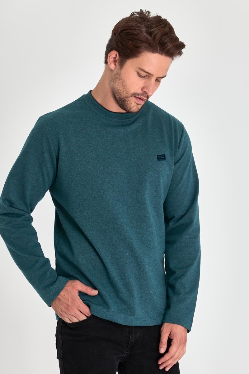 Erkek Petrol Çift Bisiklet Yaka Baskı Detaylı Standart Rahat Kesim Sweatshirt - MMETALIC