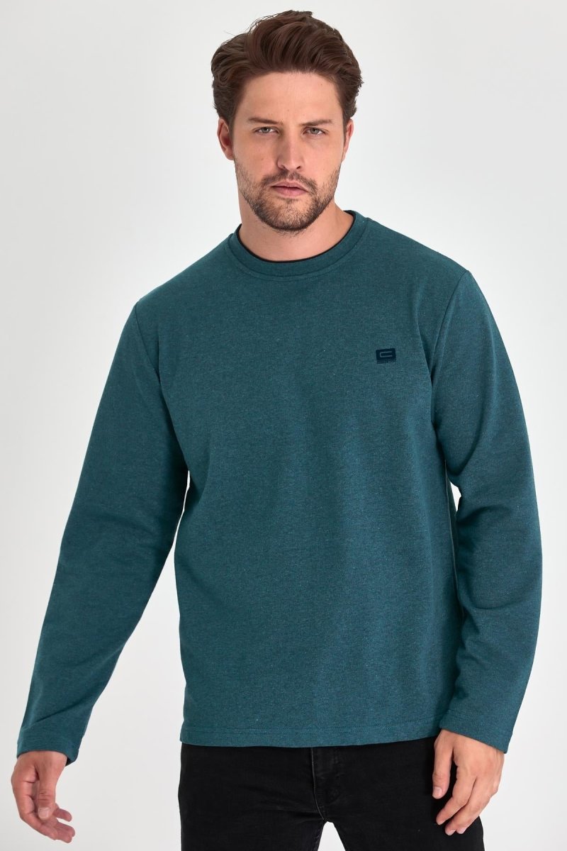 Erkek Petrol Çift Bisiklet Yaka Baskı Detaylı Standart Rahat Kesim Sweatshirt - MMETALIC