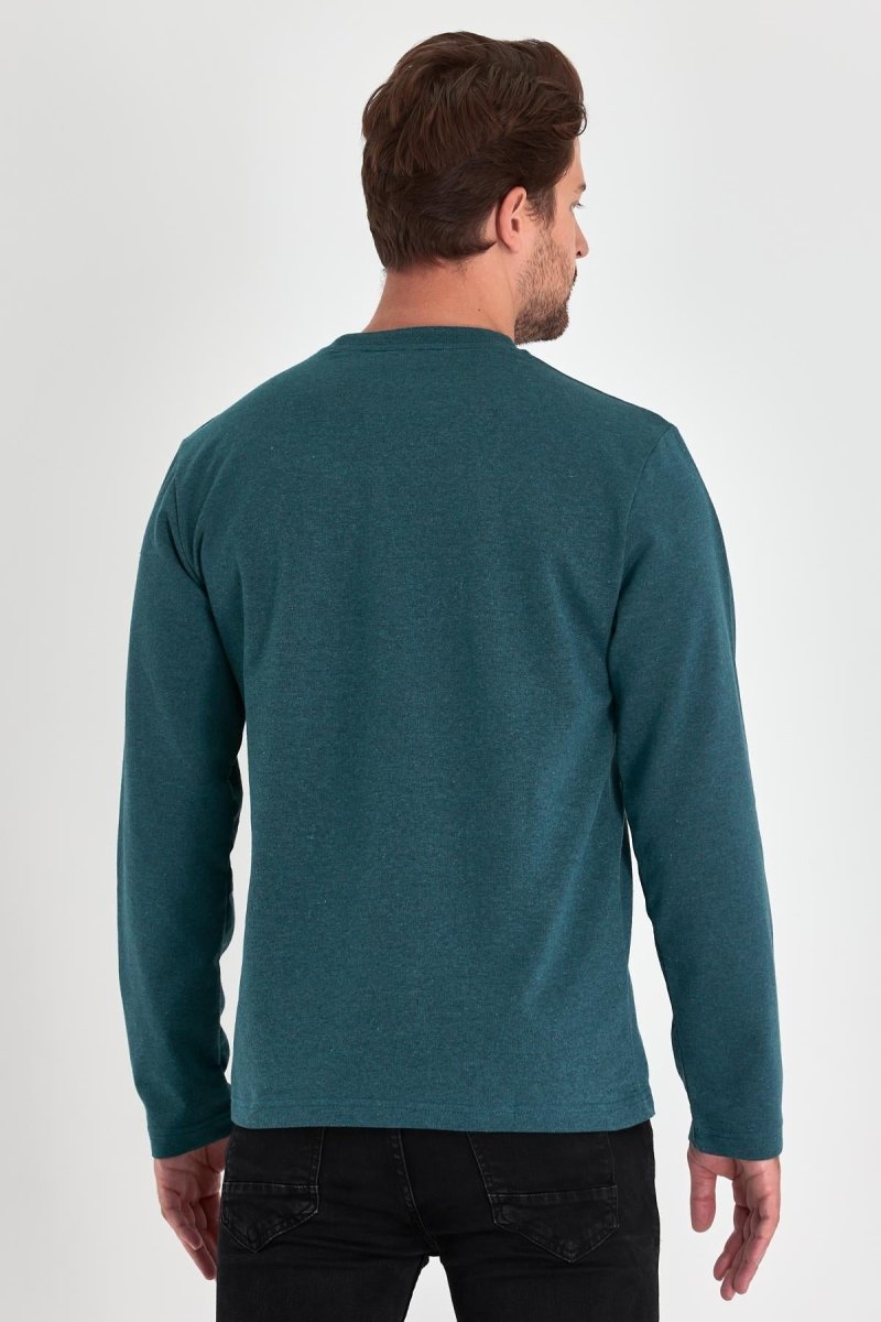 Erkek Petrol Çift Bisiklet Yaka Baskı Detaylı Standart Rahat Kesim Sweatshirt - MMETALIC