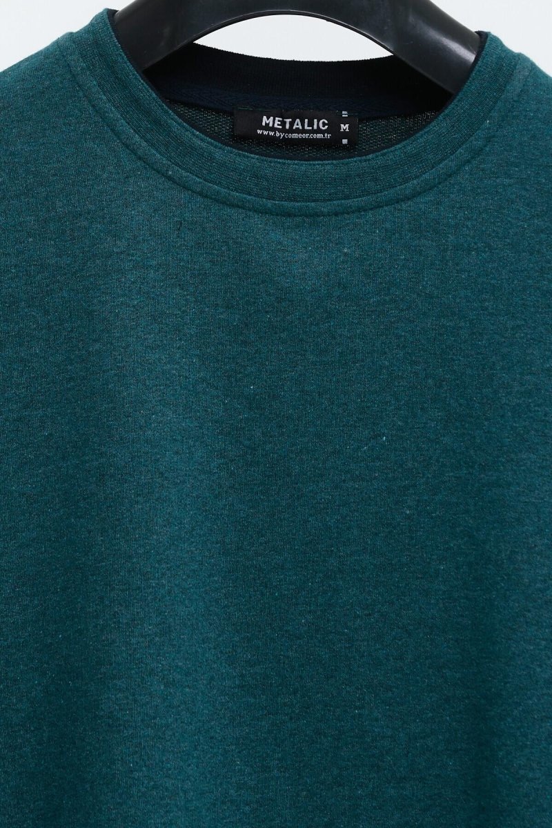Erkek Petrol Çift Bisiklet Yaka Baskı Detaylı Standart Rahat Kesim Sweatshirt - MMETALIC