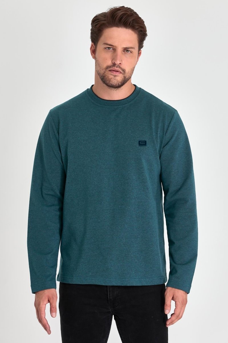 Erkek Petrol Çift Bisiklet Yaka Baskı Detaylı Standart Rahat Kesim Sweatshirt - MMETALIC