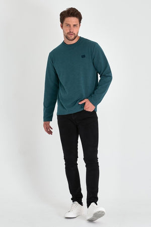 Erkek Petrol Çift Bisiklet Yaka Baskı Detaylı Standart Rahat Kesim Sweatshirt - MMETALIC