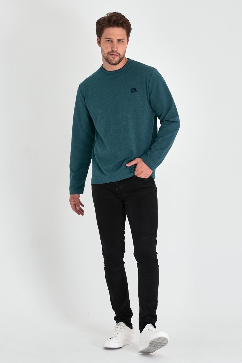 Erkek Petrol Çift Bisiklet Yaka Baskı Detaylı Standart Rahat Kesim Sweatshirt - MMETALIC
