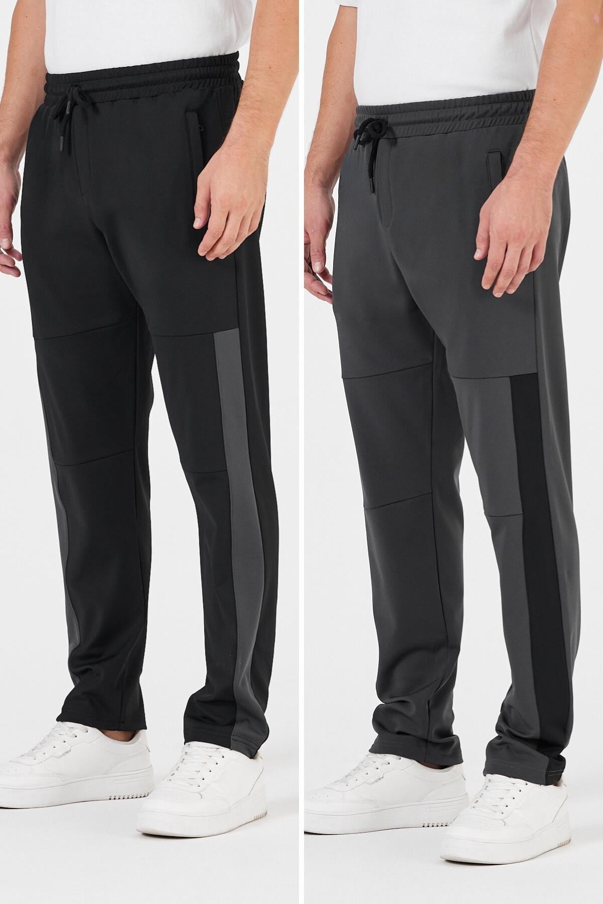 Erkek Siyah-Antrasit Standart Fit Normal Kesim Düz Paça Cep Fermuarlı Rahat Jogger 2'li Eşofman Altı