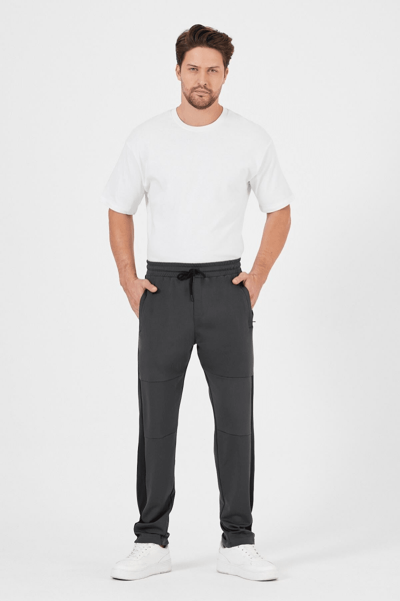Erkek Siyah - Antrasit Standart Fit Normal Kesim Düz Paça Cep Fermuarlı Rahat Jogger 2'li Eşofman Altı - MMETALIC