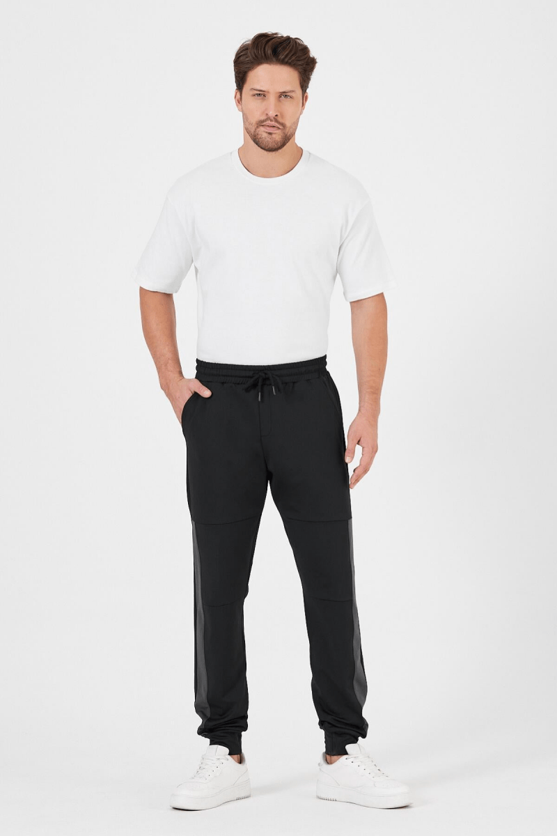 Erkek Siyah - Antrasit Standart Fit Normal Kesim Paça Ribanalı Cepli Rahat Jogger 2'li Eşofman Altı MTLCE101 - 2 - MMETALIC
