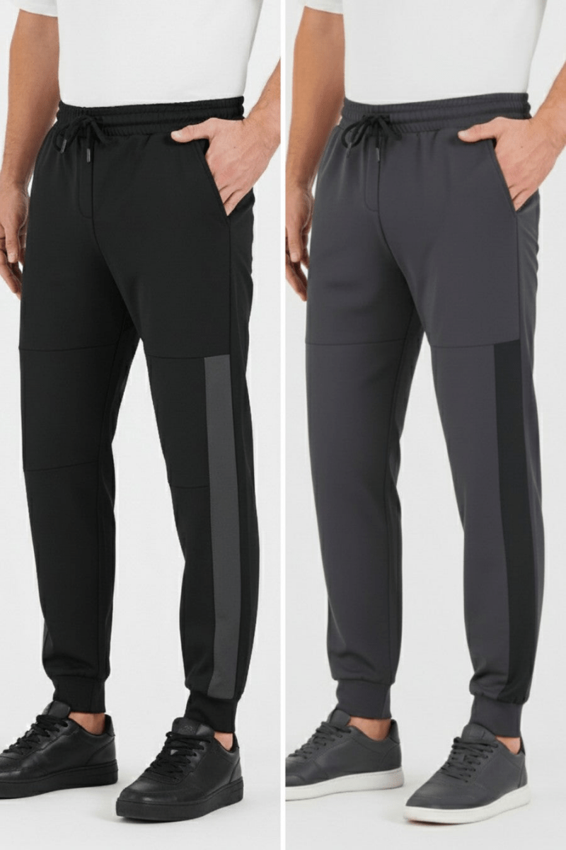 Erkek Siyah - Antrasit Standart Fit Normal Kesim Paça Ribanalı Cepli Rahat Jogger 2'li Eşofman Altı MTLCE101 - 2 - MMETALIC